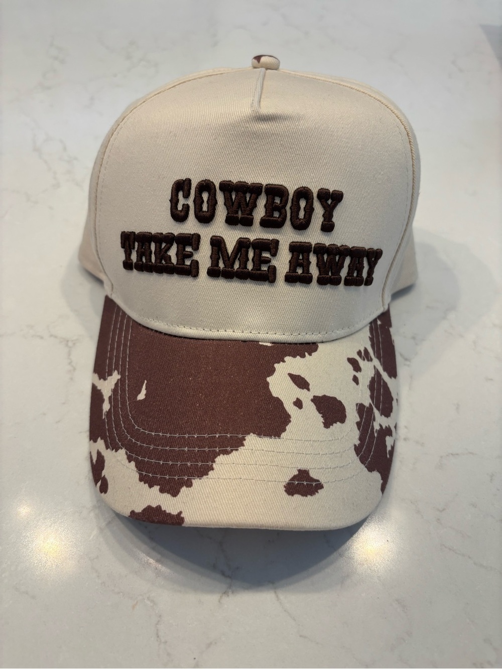 Cowboy Take Me Away Embroidered  Cap - Cream & Brown Cow
